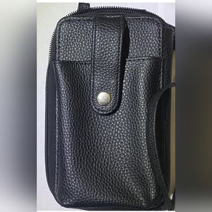 BLACK LEATHER CROSS-BODY PHONE HOLDER AND WALLET